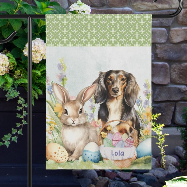 Personalized Longhaired Dachshund Easter Garden Flag - Silver Dapple Dachshund Spring Home Decor, Custom Dachshund Gift for Weiner Dog Mom