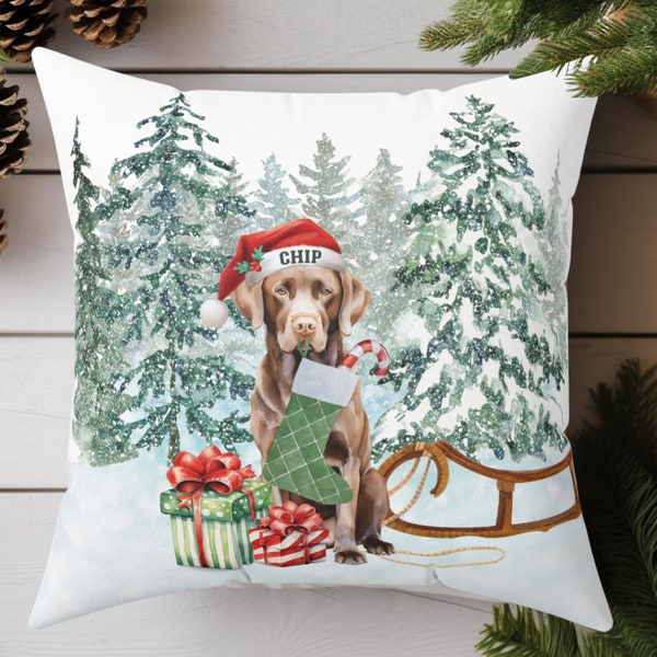 Personalized Chocolate Brown Lab Christmas Pillow, Holiday Dog Decor for Labrador Lovers, Custom Santa Dog Throw Pillow Retriever Mom Gift