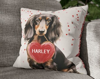Personalized Black and Tan Longhaired Dachshund Pillow - Custom Dog Lover Pet Pillow, Valentine's Day Dachshund Decor, Gift for Doxie Owner