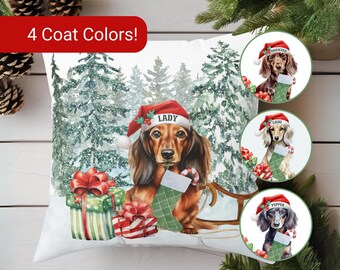 Custom Longhaired Dachshund Christmas Pillow, Personalized Doxie Mom Gift, Santa Dog Holiday Home Decor for Dachshund Lover