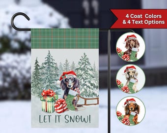 Custom Long Haired Dachshund Christmas Garden Flag, Weiner Dog Lover Winter Holiday Yard Decor, Personalized Dachshund Gift for Doxie Mom
