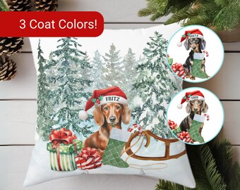 Personalized Dachshund Dog Christmas Pillow, Custom Doxie Mom Gift, Santa Dog Holiday Home Decor for Dachshund Lovers