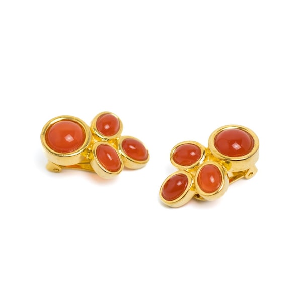 Vintage Signed David Grau Clip-on Earrings, Spanish Designer, Gold Plated Earrings with Red Lucite Cabochons, 1980s Vintage Jewelry