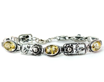 Vintage Bracelet in Art Nouveau Style with Genuine Citrine Crystals