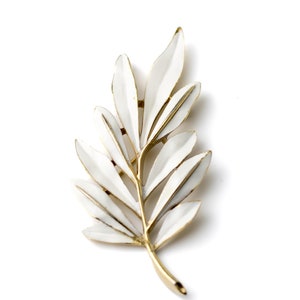 Vintage Crown Trifari Leaf Brooch | White Enamel Willow Pin | 1960s Gold Tone Nature Jewelry | Signed Trifari Brooch | Retro Leaf Accessory