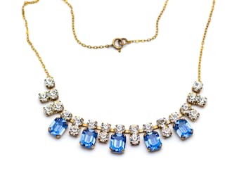 Vintage Schoffel Austrian Crystal Necklace: Sapphire Blue Rhinestone Collier