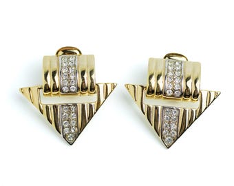 Vintage-Ohrclips mit geometrischen Strasssteinen in Gold: Statement-Schmuck der 1980er Jahre