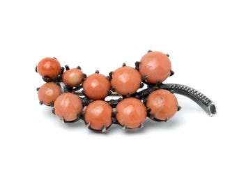 Antique Silver Brooch With Coral Cabochons: Victorian Coral Pin