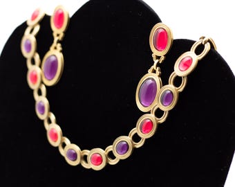 Vintage 1980er Jahre Monet für YSL Schmuck Set: Rosa Lila Cabochon Halskette und Ohrringe