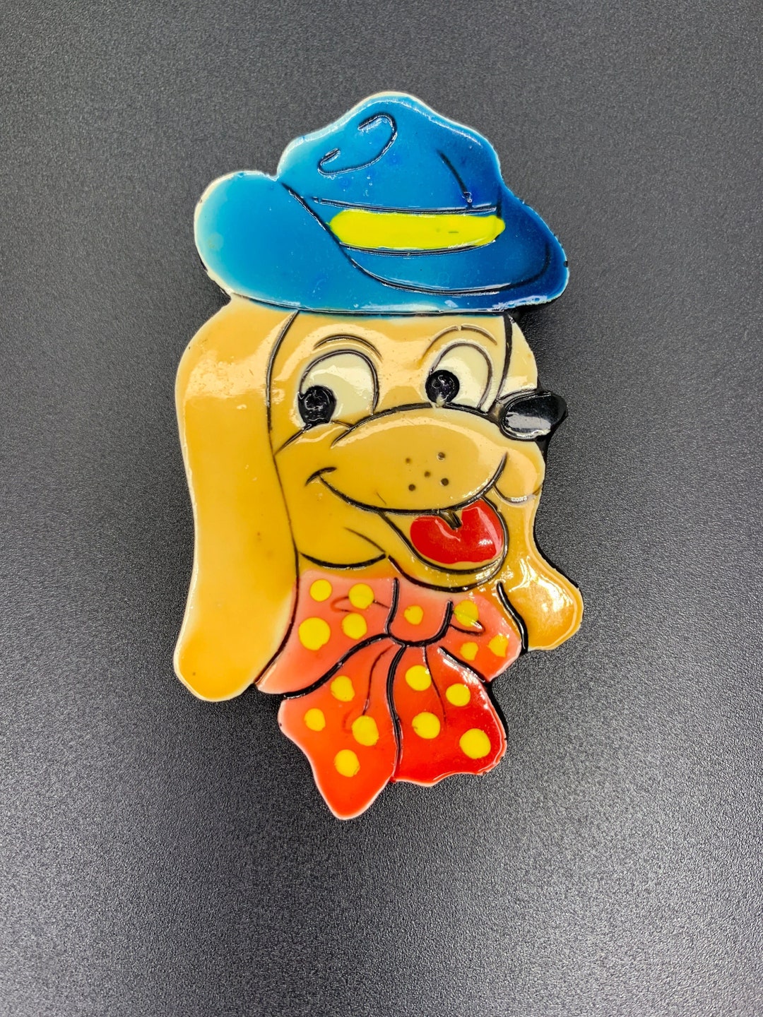 Vintage Large Signed West Germany Dog In Hat Brooch Enamel Plastic Pin vintage-large-signed-west-germany-dog-in-hat-brooch-enamel-plastic-pin