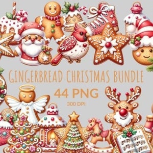 May include: A selection of gingerbread Christmas illustrations. The image shows gingerbread cookies in the shapes of Santa, reindeer, angels, and stars, in red, white, and brown. The text "GINGERBREAD CHRISTMAS BUNDLE" and "44 PNG" are also visible.