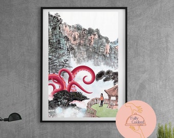 Enjoy the View PRINTABLE Wall Art decor Japanese painting Asian octopus tentacle nerd geek peach hot pink sage green FullyCookedCreations