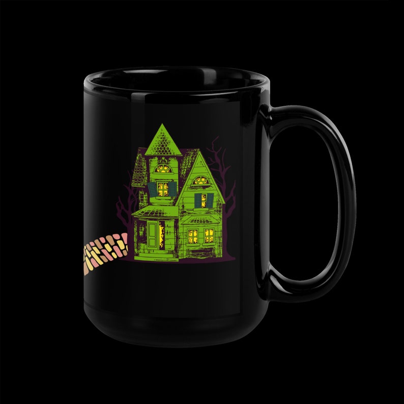 Horror in Oz Black Glossy Mug, Wonderful Wizard of Oz characters trick or treat in horror costumes, Emerald City is a haunted house image 10