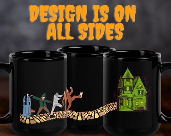 Horror in Oz Black Glossy Mug, Wonderful Wizard of Oz characters trick or treat in horror costumes, Emerald City is a haunted house