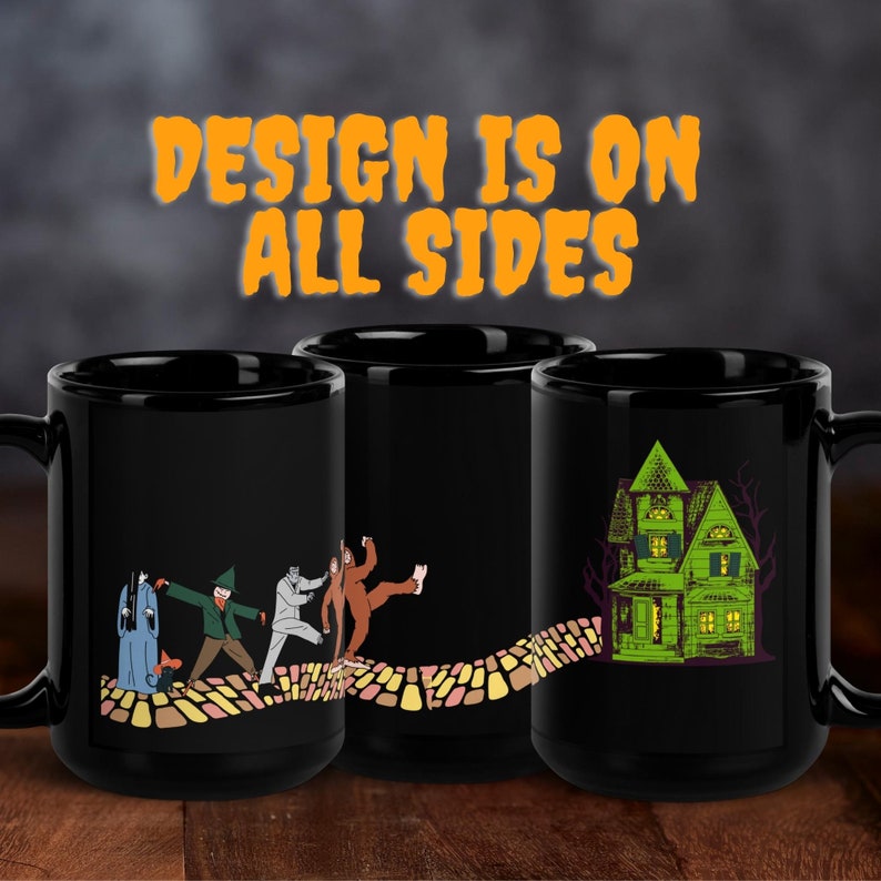 Horror in Oz Black Glossy Mug, Wonderful Wizard of Oz characters trick or treat in horror costumes, Emerald City is a haunted house image 1