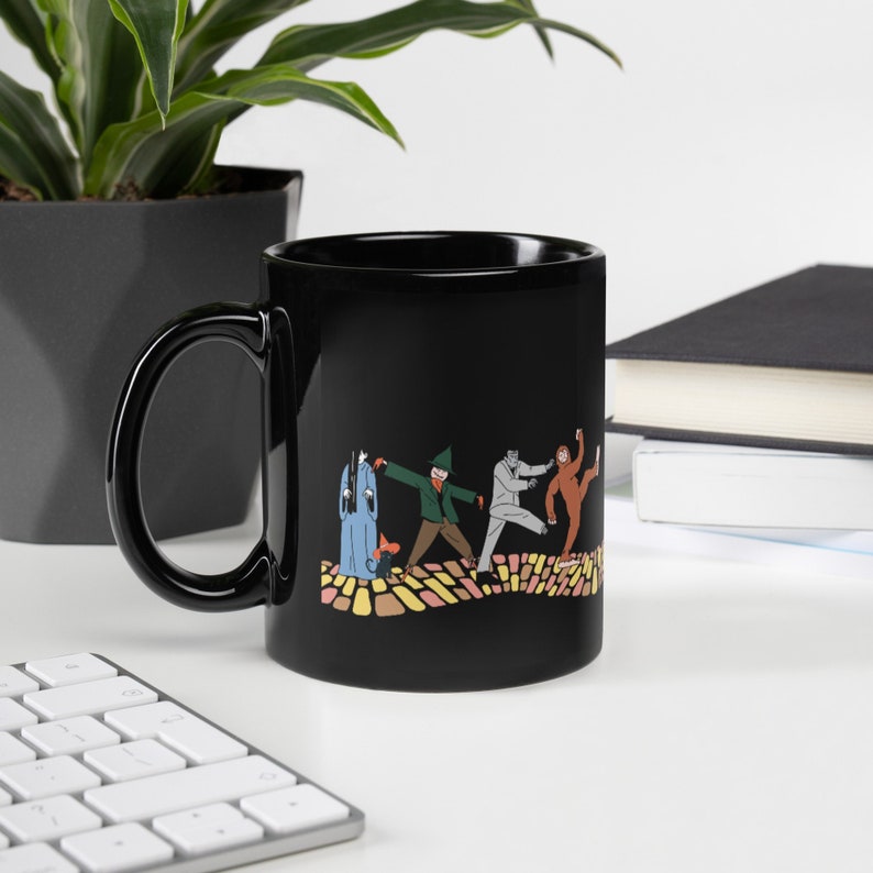 Horror in Oz Black Glossy Mug, Wonderful Wizard of Oz characters trick or treat in horror costumes, Emerald City is a haunted house image 2