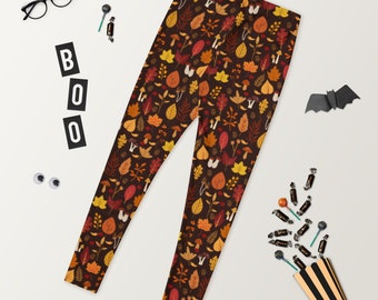 Fall Leaves and Acorns Leggings, Tights in warm autumn colors, Workout pants with fall foliage pattern, Fall Pants for Elementary Teacher