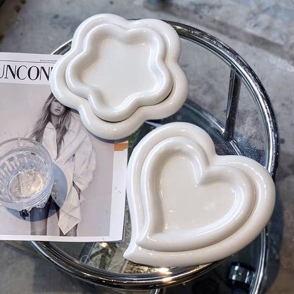 White Ceramic Cute Flower & Heart Shaped Dessert Tray Jewelry Tray