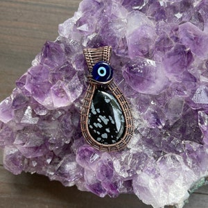 Snowflake Obsidian Evil Eye Wire Wrapped Crystal Protection Pendant