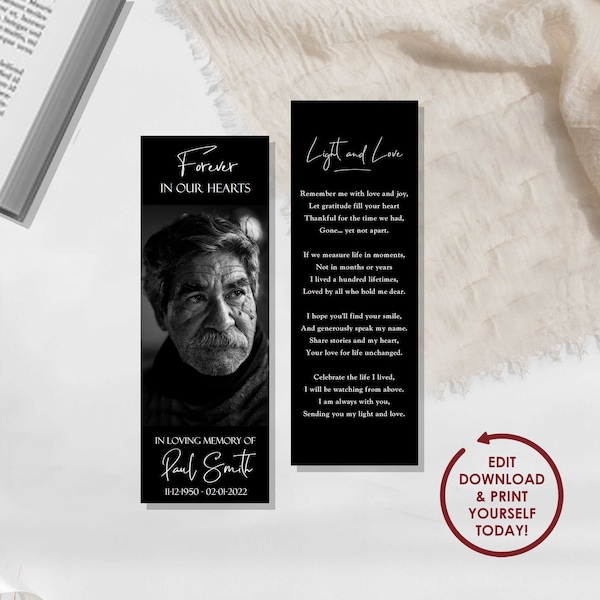 DIY EDITABLE Bookmark Template | Funeral Favor for Woman or Man | Printable Celebration of Life Bookmark Keepsake | 2x6, 2.5x7 - PAUL