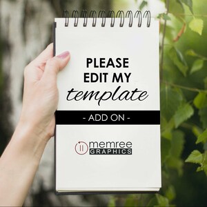 Peut inclure: Un bloc-notes blanc avec une bordure noire et une reliure spirale noire. Le bloc-notes contient le texte "PLEASE EDIT MY template - ADD ON -" et un logo pour "memree GRAPHICS".