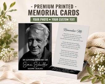 May include: A stack of rectangular memorial cards featuring a black and white portrait of an older person with the text In Loving Memory of Simon Schaeffer 11.12.1950 - 02.01.2022 and a white card with the poem Remember Me printed in black text.