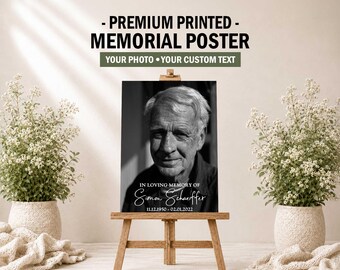May include: A memorial poster on a wooden easel featuring a black and white portrait of an older person. The text reads: PREMIUM PRINTED MEMORIAL POSTER, YOUR PHOTO YOUR CUSTOM TEXT, IN LOVING MEMORY OF Simon Schaeffer, 11.12.1950 - 02.01.2022.