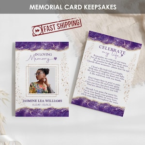 IMPRIMÉES cartes commémoratives violettes pour femme | Cartes de prière personnalisées pour les funérailles | Carte du Souvenir | Carte mémoire | JASMIN
