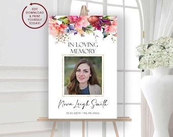 Cartaz de funeral EDITÁVEL | Placa de boas-vindas floral colorida com flores vibrantes | Cartaz personalizado de celebração da vida - NOVA