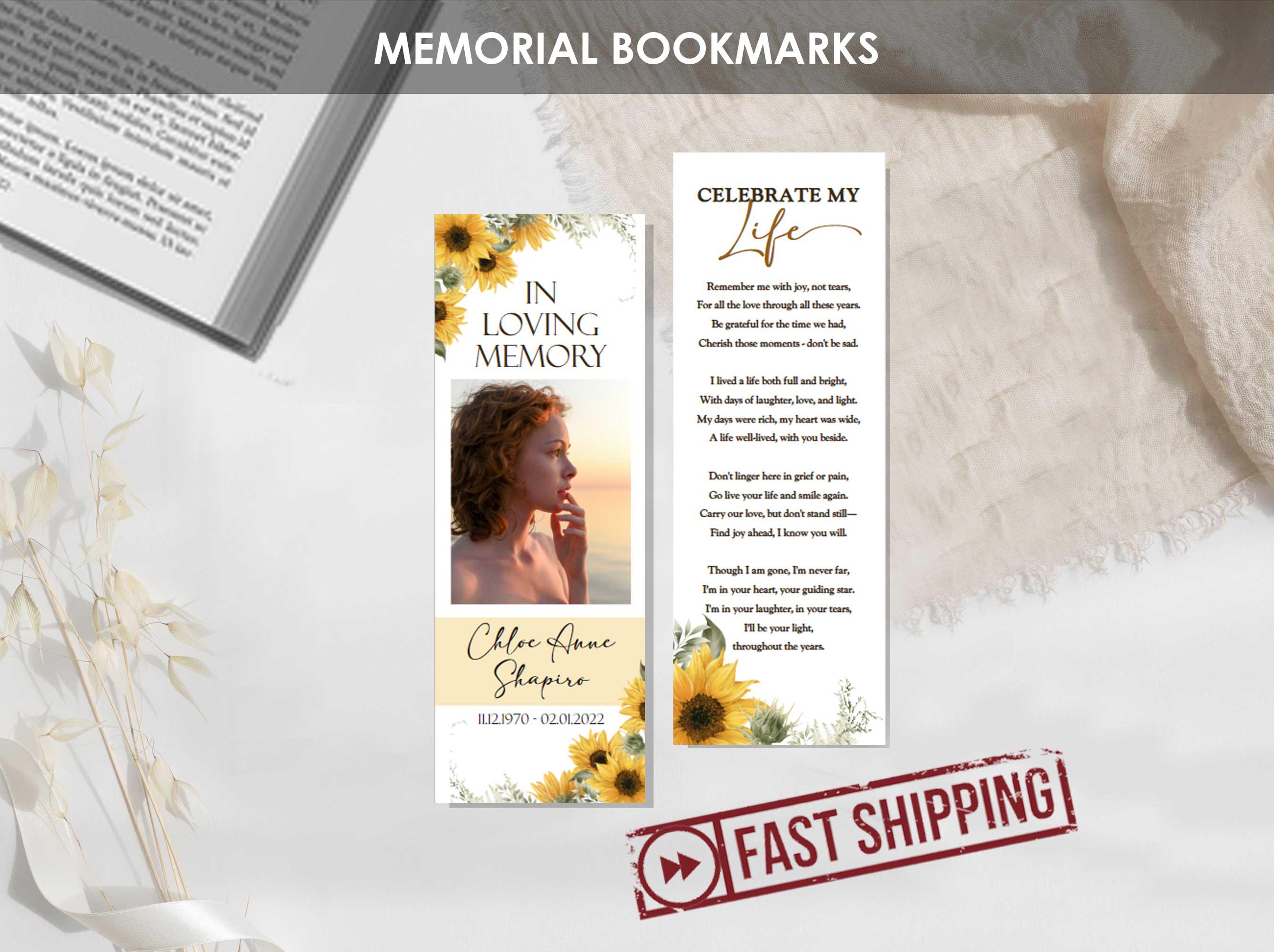 PRINTED Sunflower Memorial Bookmarks for Celebration of Life | Personalized Funeral Bookmarks with Yellow Flowers | Funeral Favors - CHLOE