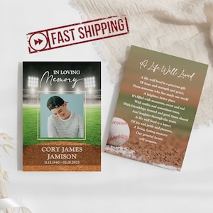 Cartes commémoratives de baseball IMPRIMÉES pour athlète | Cartes de prière personnalisées pour les funérailles sportives pour un souvenir de célébration de la vie | Funérailles d'un jeune garçon | CORY