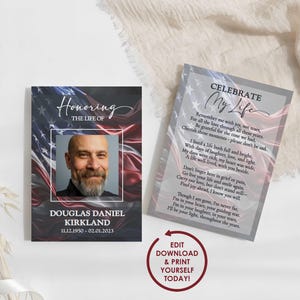 DIY EDITABLE American Flag Memorial Card Template | Military Veteran Funeral Prayer Card | Usa Flag Celebration of Life Flyer Poem | DOUG