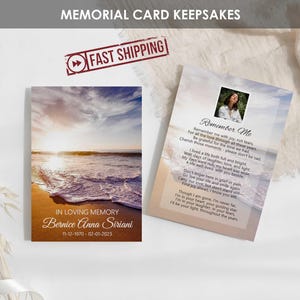 Cartes commémoratives de plage IMPRIMÉES | Ocean Sunset - Cartes de prière personnalisées pour les funérailles | Portefeuille Souvenir 5 x 7 | BERNICE