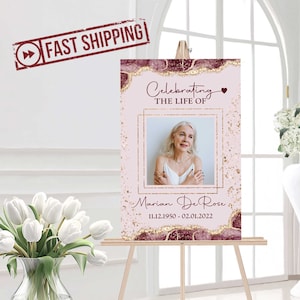 Cartel funerario grande IMPRESO / Letrero de bienvenida conmemorativo personalizado / Cartel de celebración de la vida personalizado en rosa y dorado / MARIAN