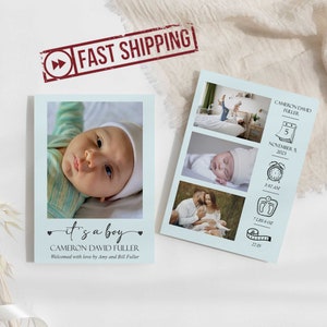 IMPRIMÉ Carte photo personnalisée pour nouveau bébé | Cartes d’annonce de naissance de bébé bleu minimaliste | Cartes de naissance photo pour bébé | Portefeuille A2 5x7 | CAMERON