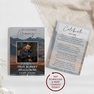 DIY EDITABLE Mountain Scene Memorial Card Template | Funeral Prayer Card for Hiker | Celebration of Life Flyer | 2x3.5, 3.5x5, 5x7 - TROY