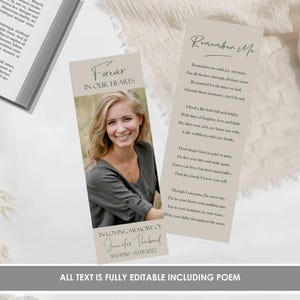Pode incluir: Dois cart&otilde;es de mem&oacute;ria com foto e poema. Um cart&atilde;o diz "Forever in Our Hearts" com uma foto de uma mulher. O outro cart&atilde;o tem um poema intitulado "Remember Me". O primeiro cart&atilde;o diz "In Loving Memory of Jennifer Thuband 11/2/1950 - 02/01/2022".