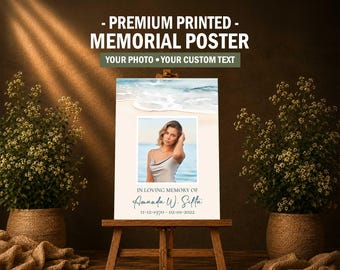 May include: A rectangular memorial poster on a wooden easel featuring a watercolor beach scene at the top and a central square photograph of a person. The text reads IN LOVING MEMORY OF Amanda W. Sifta 11-12-1970 - 02-01-2022 in dark blue script.
