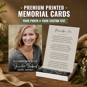 PRINTED Memorial Cards | Personalized Funeral Prayer Cards | Minimalist Custom Celebration of Life Poem Flyer | Wallet A1 A2 5x7 | JENNIFER