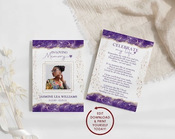 DIY EDITABLE Memorial Card Template | Purple Funeral Prayer Card for Celebration of Life for Woman with Poem | 2x3.5, 3.5x5, 5x7 - JASMINE