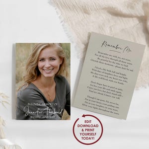 DIY EDITABLE Memorial Card | Funeral Prayer Card Template for Woman | Minimalist Celebration of Life Poem | 2x3.5, 3.5x5, 5x7 - JENNIFER