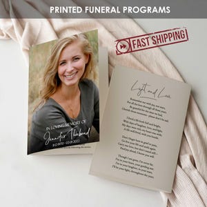 May include: Two open funeral programs with a photo of a smiling woman and the text "IN LOVING MEMORY OF Jennifer Thibaud". The other program displays a poem titled "Light and Love". A "FAST SHIPPING" stamp is visible.