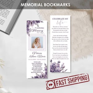 Marque-pages funéraires floraux violets IMPRIMÉ | Marque-pages commémoratifs personnalisés pour une célébration de la vie avec des fleurs violettes | PATRICIA