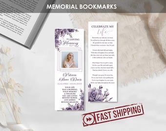 PRINTED Purple Floral Funeral Bookmarks | Personalized Memorial Bookmarks for Celebration of Life with Purple Flowers | PATRICIA