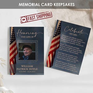 Cartes commémoratives imprimées pour vétéran | Cartes de prière personnalisées pour funérailles | Célébration de la vie du drapeau américain des Etats-Unis carte photo | Portefeuille 5 x 7 | Guillaume
