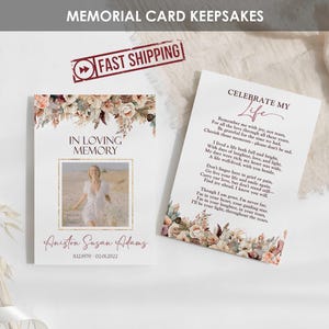 Cartes commémoratives bohèmes imprimées | Cartes de prière pour les funérailles Fleurs bohèmes florales | Poème personnalisé de célébration de la vie | Souvenir du portefeuille | ANISTON