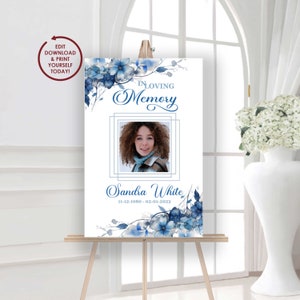 DIY EDITABLE Blue Floral Funeral Welcome Sign | Blue Celebration of Life Poster Board | Large Funeral Photo | Memorial Service | SANDRA