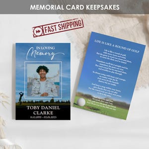 Cartes commémoratives IMPRIMÉES pour golfeur | Cartes de prière pour les funérailles sur le thème du golf personnalisées pour un souvenir de célébration de la vie | Portefeuille Souvenir 5 x 7 | TOBY