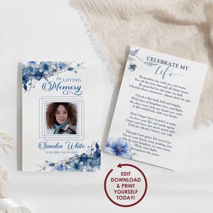 DIY EDITABLE Blue Floral Memorial Card for Celebration of Life | Funeral Prayer Card Template for Woman | Blue Obituary Card - SANDRA