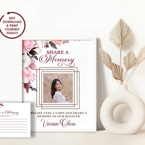 DIY EDITABLE Share a Memory Funeral Sign & Cards | Soft Pink Floral Funeral Memory Card Template | Share a Memory Table - VIVIAN